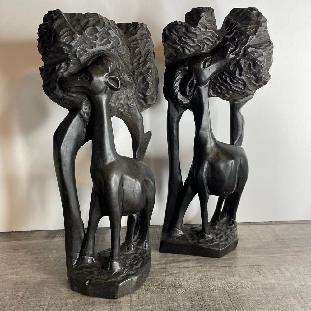 Vintage Carved Ironwood African Art Wood Giraffe Bookends Figure